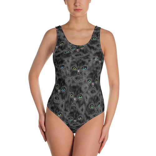 Black Kitty Faces One-Piece Swimsuit