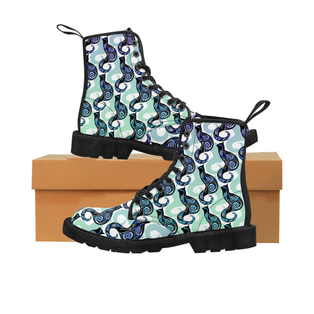 Sky Blue Swirly Cats Women's Canvas Boots