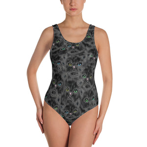 Black Kitty Faces One-Piece Swimsuit